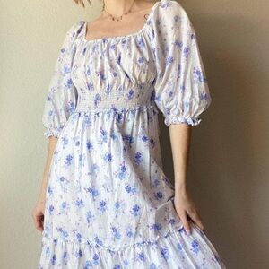 LOVESHACKFANCY White & Purple Floral Smocked Puff Sleeve Dress w Ruffles